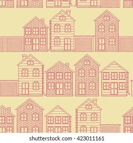 Vector seamless pattern with set of different houses with garage. Vector outline building background. 