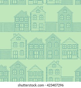 Vector seamless pattern with set of different houses with garage. Vector outline building background. 