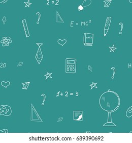 Vector seamless pattern with set of different school things.Cartoon cute hand drawn seamless pattern.Back to school background.