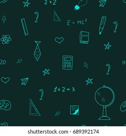 Vector seamless pattern with set of different school things.Cartoon cute hand drawn seamless pattern.Back to school background.