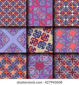 Vector seamless pattern set ethnic style background. Vintage decorative texture set for wallpapers, backgrounds and page fill. Indian, arabic motive