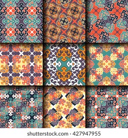 Vector seamless pattern set ethnic style background. Vintage decorative texture set for wallpapers, backgrounds and page fill. Indian, arabic motive.