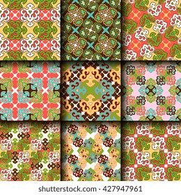 Vector seamless pattern set ethnic style background. Vintage decorative texture set for wallpapers, backgrounds and page fill. Indian, arabic motive.