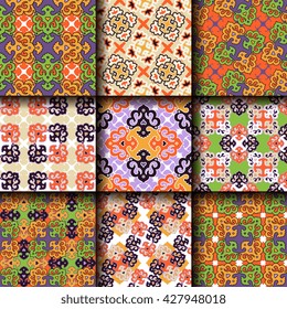 Vector seamless pattern set ethnic style background. Vintage decorative texture set for wallpapers, backgrounds and page fill. Indian, arabic motive.