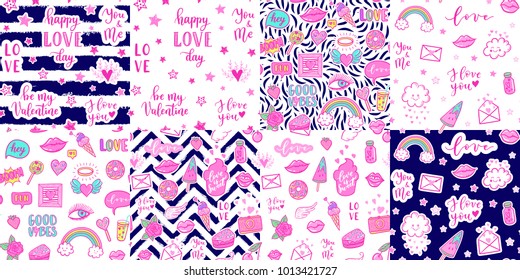 Vector seamless pattern set with fashion fun patches: lip, star, strawberry, cake, camera, on background. Pop art pink lovely stickers, patches for wedding, Valentine's Day, love prints