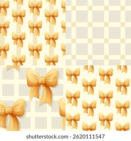 Vector seamless pattern set featuring yellow bows on a light cream and beige checkered background, perfect for wrapping paper, fabric, or kids’ designs