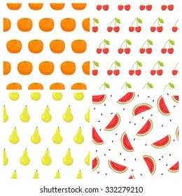 Vector seamless pattern set with fruits. Watermelon, orange, cherry and pears. Healthy food background. Vector illustration