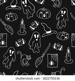 Vector seamless pattern with a set for Halloween: white outline on a dark black background. For the design of covers, packages, holiday cards, textile prints
