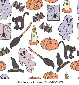 Vector seamless pattern with a set for Halloween on a white background. For the design of covers, packages, holiday cards, textile prints