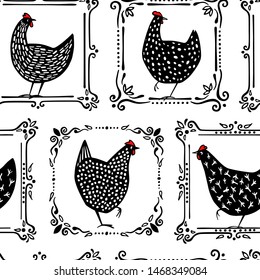 Vector seamless pattern with set of hand drawn black speckled hens in vintage frames. Beautiful ink drawing. Perfect elements for food or farming design.