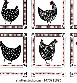 Vector seamless pattern with set of hand drawn black speckled hens in vintage frames. Beautiful ink drawing. Perfect elements for food or farming design.