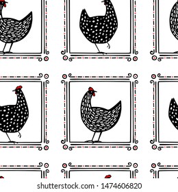 Vector seamless pattern with set of hand drawn black speckled hens in vintage frames. Beautiful ink drawing. Perfect elements for food or farming design.