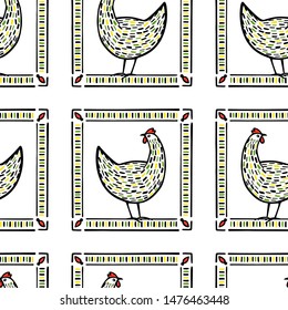 Vector seamless pattern with set of hand drawn black speckled hens in vintage frames. Beautiful ink drawing. Perfect elements for food or farming design.