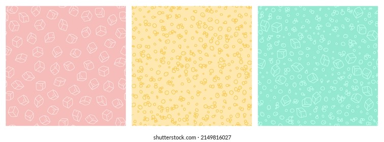 Vector seamless pattern set with hand drawn bubbles and ice cubes randomly placed on bright background. Simple funny repeatable backdrops.