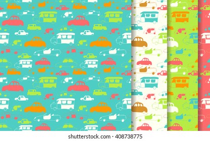 Vector seamless pattern set with hand drawn cars. Cartoon colored transport collection for brochures, posters, greeting cards, flyers, invitation. Children design