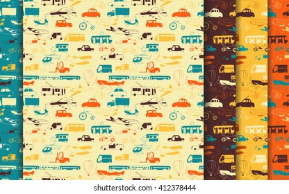 Vector seamless pattern set with hand drawn transport. Cartoon colored collection design for brochures, posters, greeting cards, flyers, invitation. Children design.
