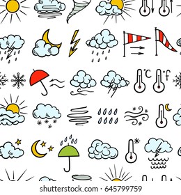 Vector seamless pattern with set of hand drawn weather icons. Beautiful design elements, ink drawing