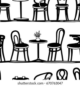 Vector seamless pattern with set of  hand drawn coffee tables and vintage chairs. Lovely scene of retro cafe. Ink drawing, graphic style. Beautiful design elements.