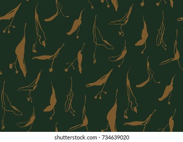 Vector seamless pattern. Set of hand drawn linden flowers, leaves and seeds. Sketch style background. Doodle image. 