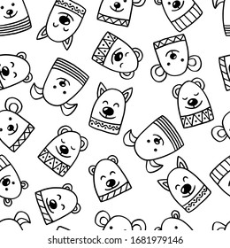 Vector seamless pattern with set of hand-drawn funny cute animals, coloring page for children and adults, scandinavian style