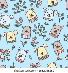 Vector seamless pattern with set of hand-drawn funny cute animals, scandinavian style, for the design of packages, covers, postcards, books, print on textiles