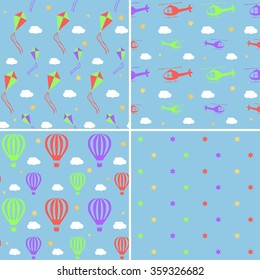 Vector seamless pattern set with helicopters, hot air balloons, kites and stars