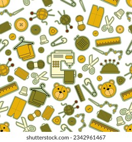Vector seamless pattern set of illustrations for sewing, sewing supplies, background 