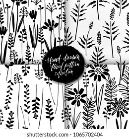 Vector seamless pattern set of ink drawing wild plants, herbs, monochrome botanical illustration, floral elements, hand drawn repeatable backgrounds. Artistic monochrome botanical patterns.