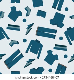Vector seamless pattern. A set of men's clothing - pants, sweater, polo, briefs, socks, shoes. Simple flat style.