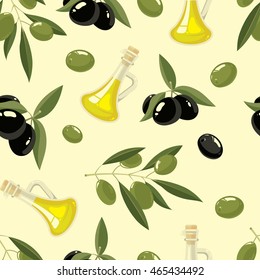 vector seamless pattern set of Olives, tree, oil botles and leaf isolated on light background. Pictures for your personal design project.