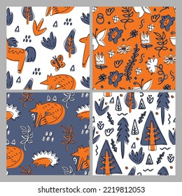 Vector seamless pattern set on the folk art style. Ornament illustration, doodle decoration to wrap paper, wall design, mobile background
