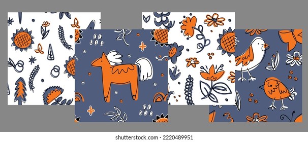 Vector seamless pattern set on the folk art style. Ornament illustration, doodle decoration to wrap paper, wall design, mobile background