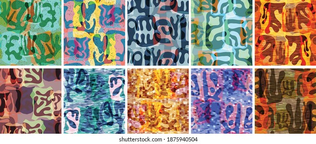 Vector seamless pattern set. Organic Matisse shapes. Natural earthy color floral underwater life. Abstract seaweed camouflage background. Trendy floating wavy geometry. Random layered hand drawn art.