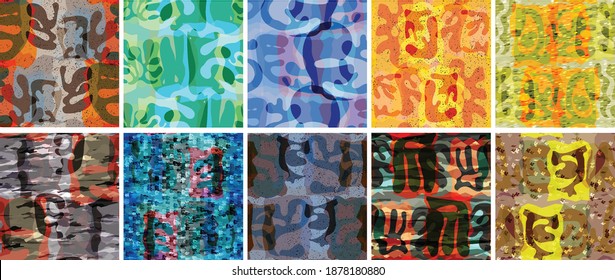 Vector seamless pattern set. Organic Matisse shapes. Natural earthy color floral underwater life. Abstract seaweed camouflage background. Trendy floating wavy geometry. Random layered hand drawn art.