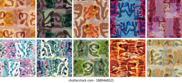 Vector seamless pattern set. Organic Matisse shapes. Natural earthy color floral underwater life. Abstract seaweed camouflage background. Trendy floating wavy geometry. Random layered hand drawn art.