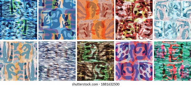Vector seamless pattern set. Organic Matisse shapes. Natural earthy color floral underwater life. Abstract seaweed camouflage background. Trendy floating wavy geometry. Random layered hand drawn art.