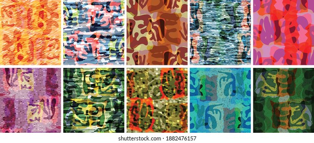 Vector seamless pattern set. Organic Matisse shapes. Natural earthy color floral underwater life. Abstract seaweed camouflage background. Trendy floating wavy geometry. Random layered hand drawn art.