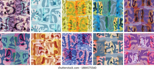 Vector seamless pattern set. Organic Matisse shapes. Natural earthy color floral underwater life. Abstract seaweed camouflage background. Trendy floating wavy geometry. Random layered hand drawn art.