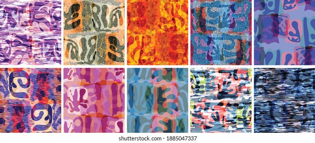 Vector seamless pattern set. Organic Matisse shapes. Natural earthy color floral underwater life. Abstract seaweed camouflage background. Trendy floating wavy geometry. Random layered hand drawn art.