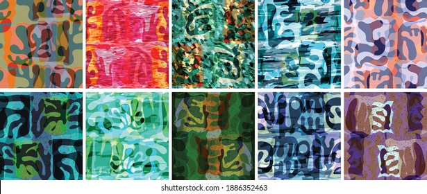 Vector seamless pattern set. Organic Matisse shapes. Natural earthy color floral underwater life. Abstract seaweed camouflage background. Trendy floating wavy geometry. Random layered hand drawn art.