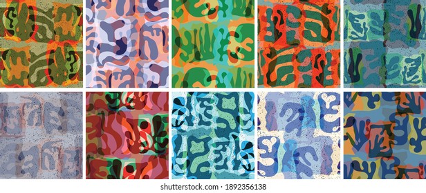 Vector seamless pattern set. Organic Matisse shapes. Natural earthy color floral underwater life. Abstract seaweed camouflage background. Trendy floating wavy geometry. Random layered hand drawn art.