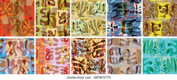 Vector seamless pattern set. Organic Matisse shapes. Natural earthy color floral underwater life. Abstract seaweed camouflage background. Trendy floating wavy geometry. Random layered hand drawn art.