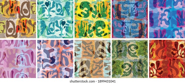 Vector seamless pattern set. Organic Matisse shapes. Natural earthy color floral underwater life. Abstract seaweed camouflage background. Trendy floating wavy geometry. Random layered hand drawn art.