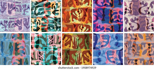 Vector seamless pattern set. Organic Matisse shapes. Natural earthy color floral underwater life. Abstract seaweed camouflage background. Trendy floating wavy geometry. Random layered hand drawn art.