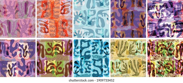 Vector seamless pattern set. Organic Matisse shapes. Natural earthy color floral underwater life. Abstract seaweed camouflage background. Trendy floating wavy geometry. Random layered hand drawn art.