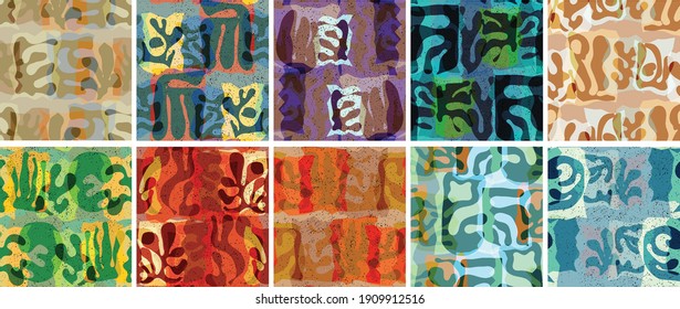 Vector seamless pattern set. Organic Matisse shapes. Natural earthy color floral underwater life. Abstract seaweed camouflage background. Trendy floating wavy geometry. Random layered hand drawn art.