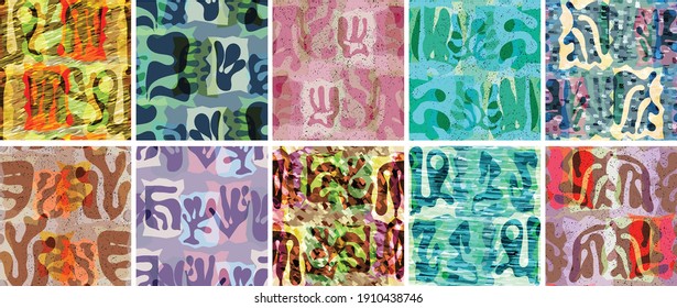 Vector seamless pattern set. Organic Matisse shapes. Natural earthy color floral underwater life. Abstract seaweed camouflage background. Trendy floating wavy geometry. Random layered hand drawn art.