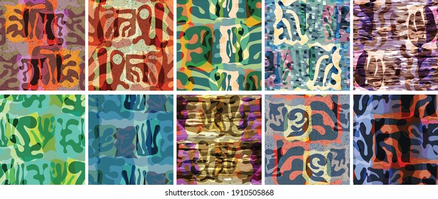 Vector seamless pattern set. Organic Matisse shapes. Natural earthy color floral underwater life. Abstract seaweed camouflage background. Trendy floating wavy geometry. Random layered hand drawn art.