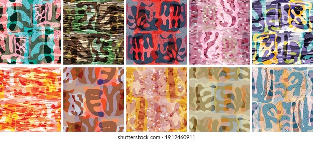 Vector seamless pattern set. Organic Matisse shapes. Natural earthy color floral underwater life. Abstract seaweed camouflage background. Trendy floating wavy geometry. Random layered hand drawn art.
