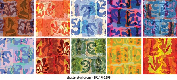 Vector seamless pattern set. Organic Matisse shapes. Natural earthy color floral underwater life. Abstract seaweed camouflage background. Trendy floating wavy geometry. Random layered hand drawn art.